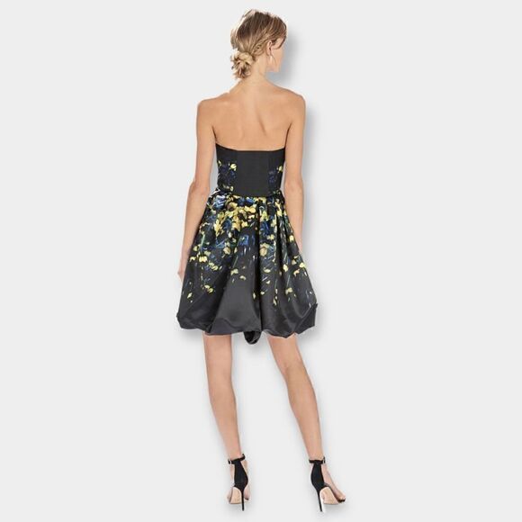 Parker Remi Black & Yellow Floral Satin Strapless Fit N Flare Cocktail Dress 2 - Picture 5 of 9